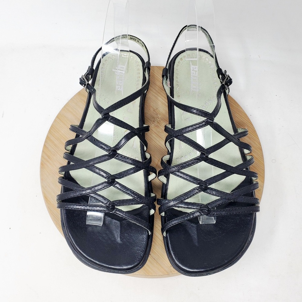 Kalso Earth Shoes Womens 9 Sizzle Black Leather Strappy Negative Heel Sandals
